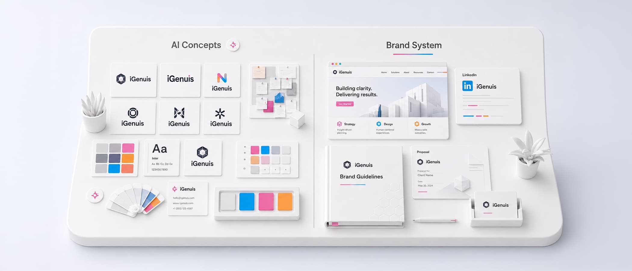 AI-generated logo concepts alongside a complete iGenius B2B brand identity system and marketing assets.
